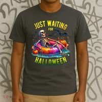 Just Waiting For Halloween Spooky Skeleton Summer Funny T-Shirt thumb 3
