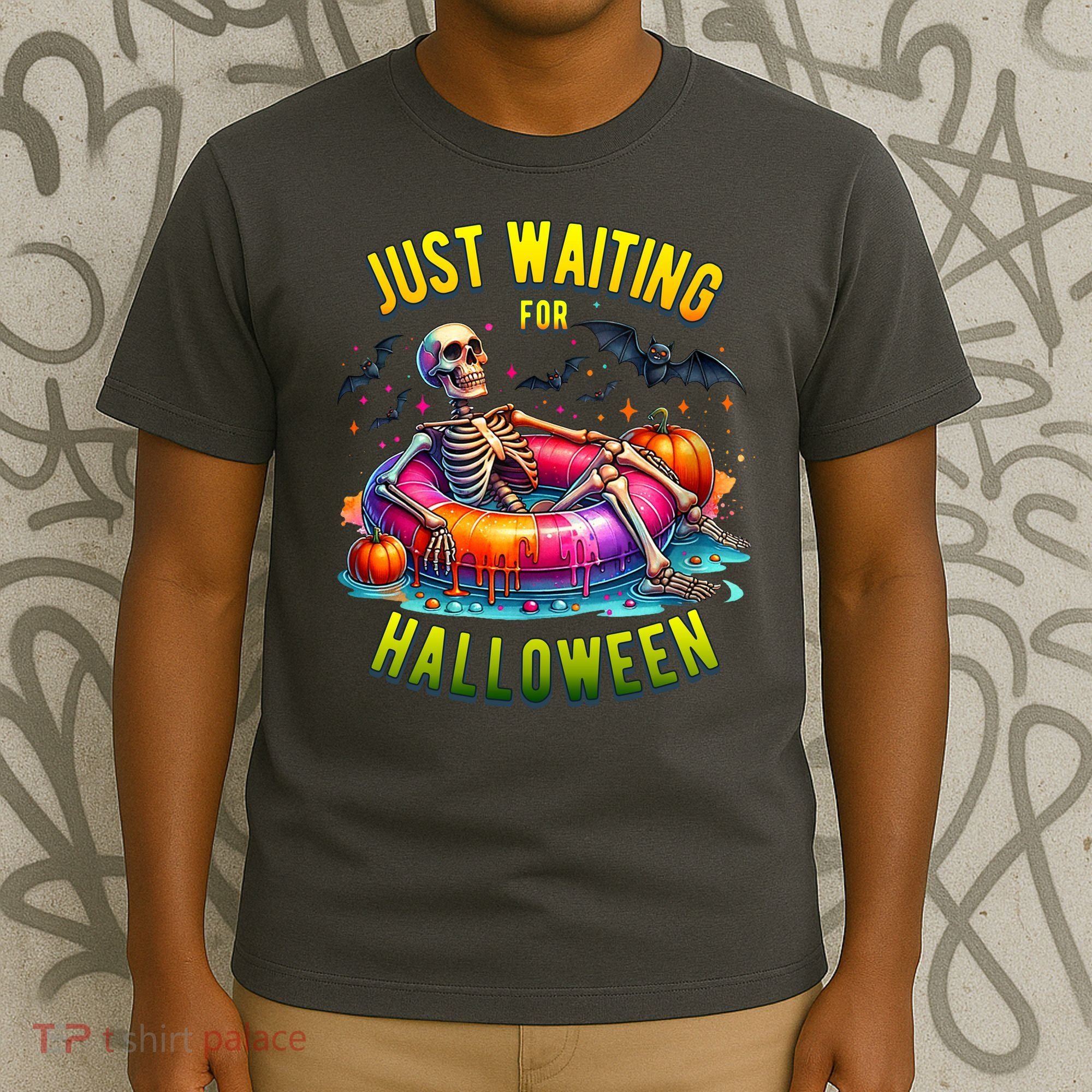 Just Waiting For Halloween Spooky Skeleton Summer Funny T-Shirt