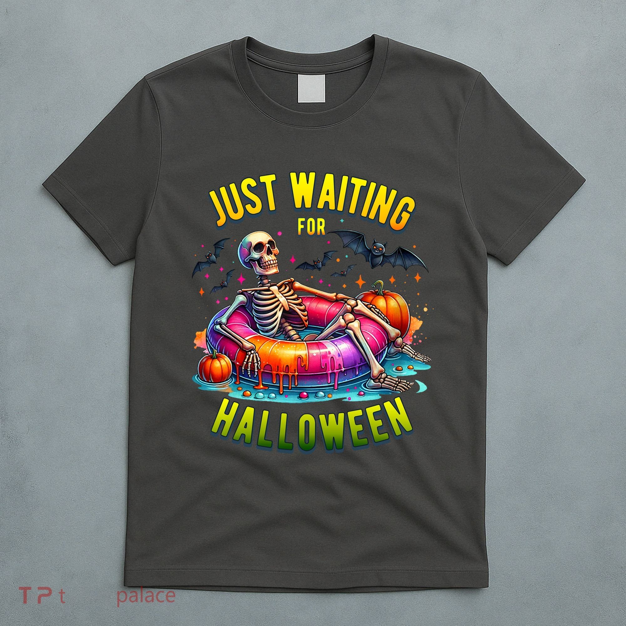 Just Waiting For Halloween Spooky Skeleton Summer Funny T-Shirt