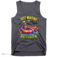 Just Waiting For Halloween Spooky Skeleton Summer Funny Tank Top thumb 0