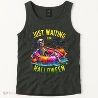 Just Waiting For Halloween Spooky Skeleton Summer Funny Tank Top thumb 2