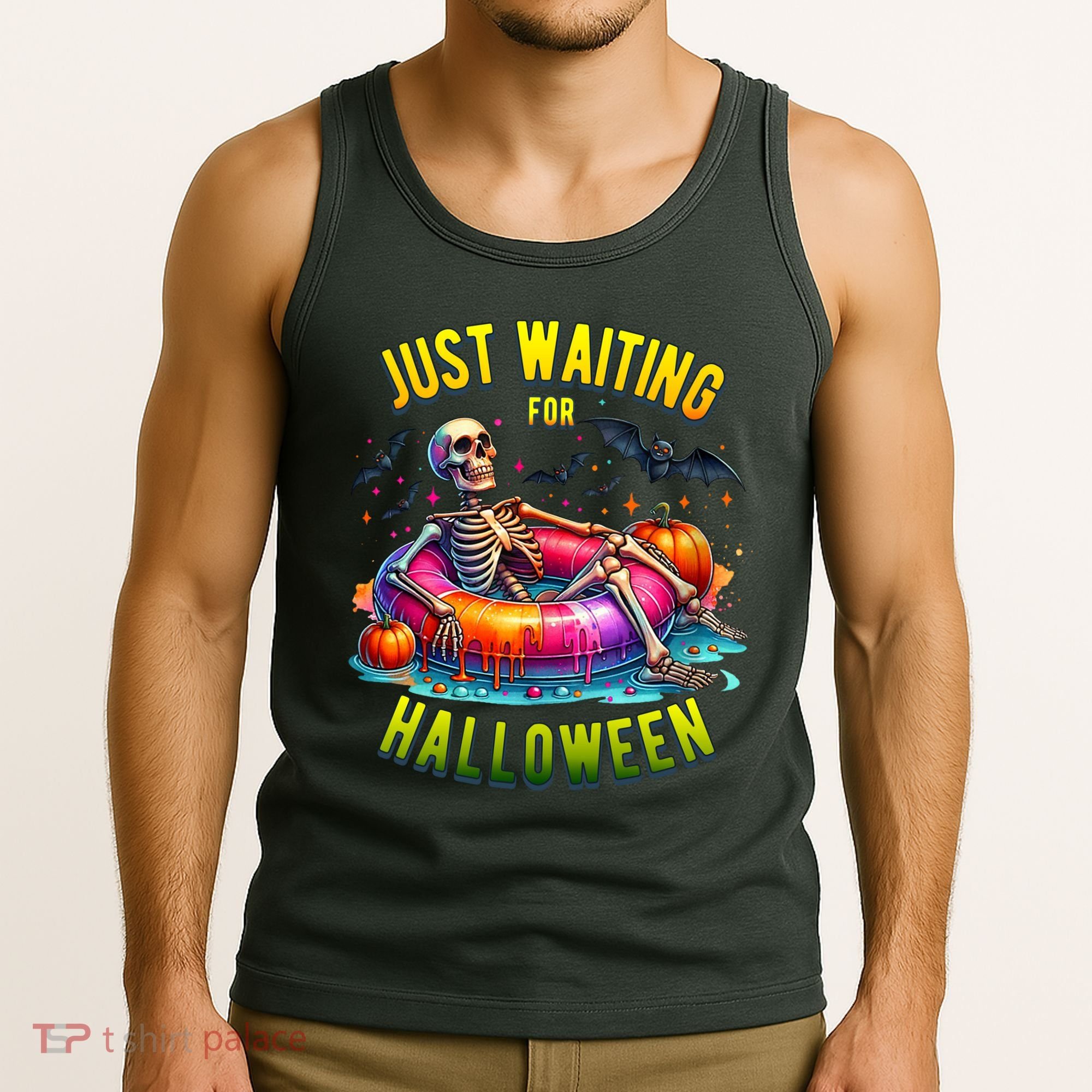 Just Waiting For Halloween Spooky Skeleton Summer Funny Tank Top