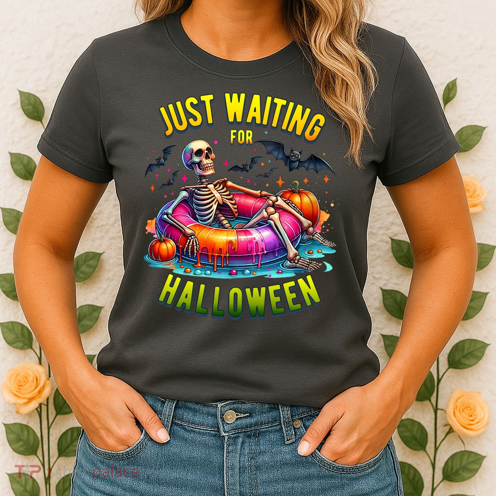 Just Waiting For Halloween Spooky Skeleton Summer Funny Women's T-Shirt