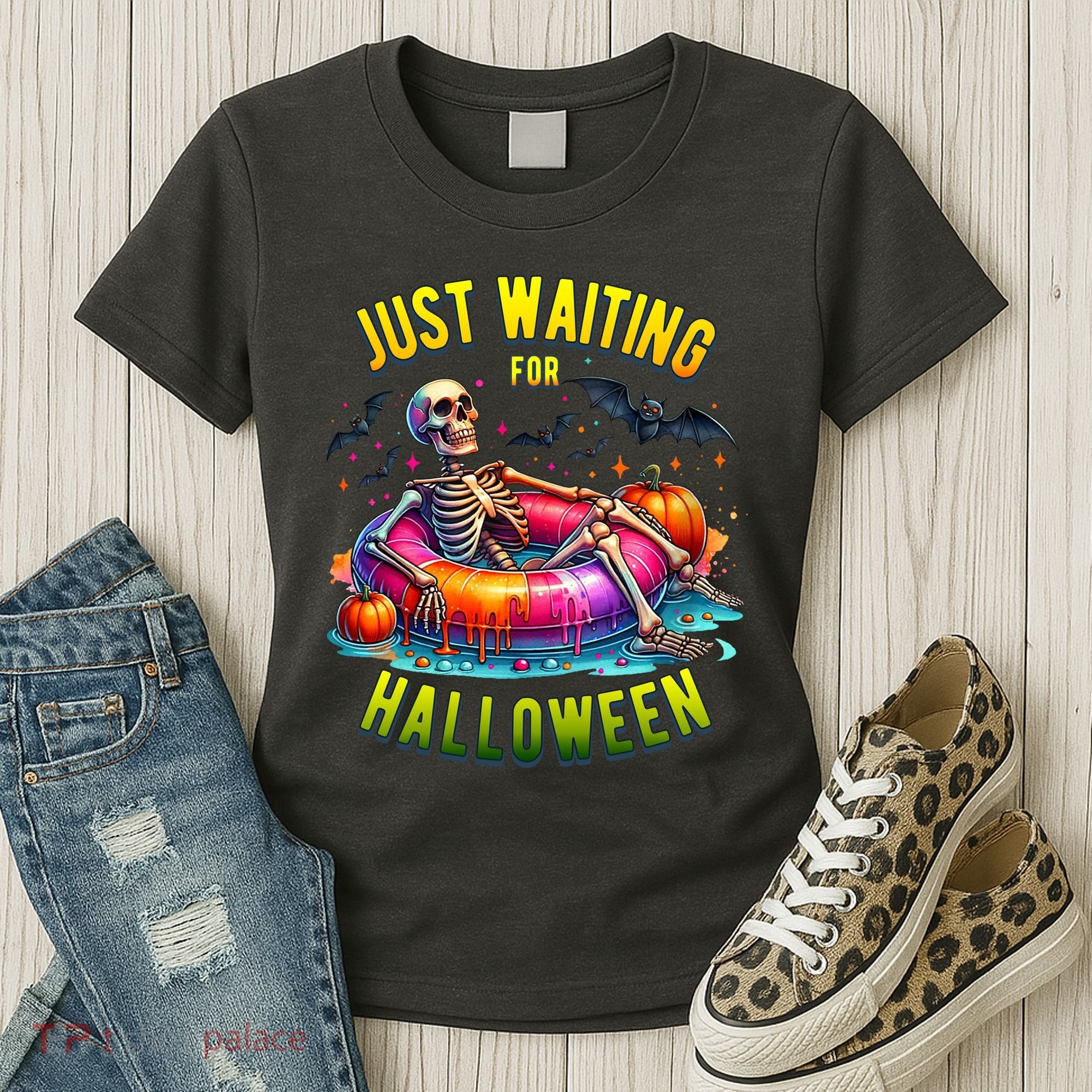 Just Waiting For Halloween Spooky Skeleton Summer Funny Women's T-Shirt