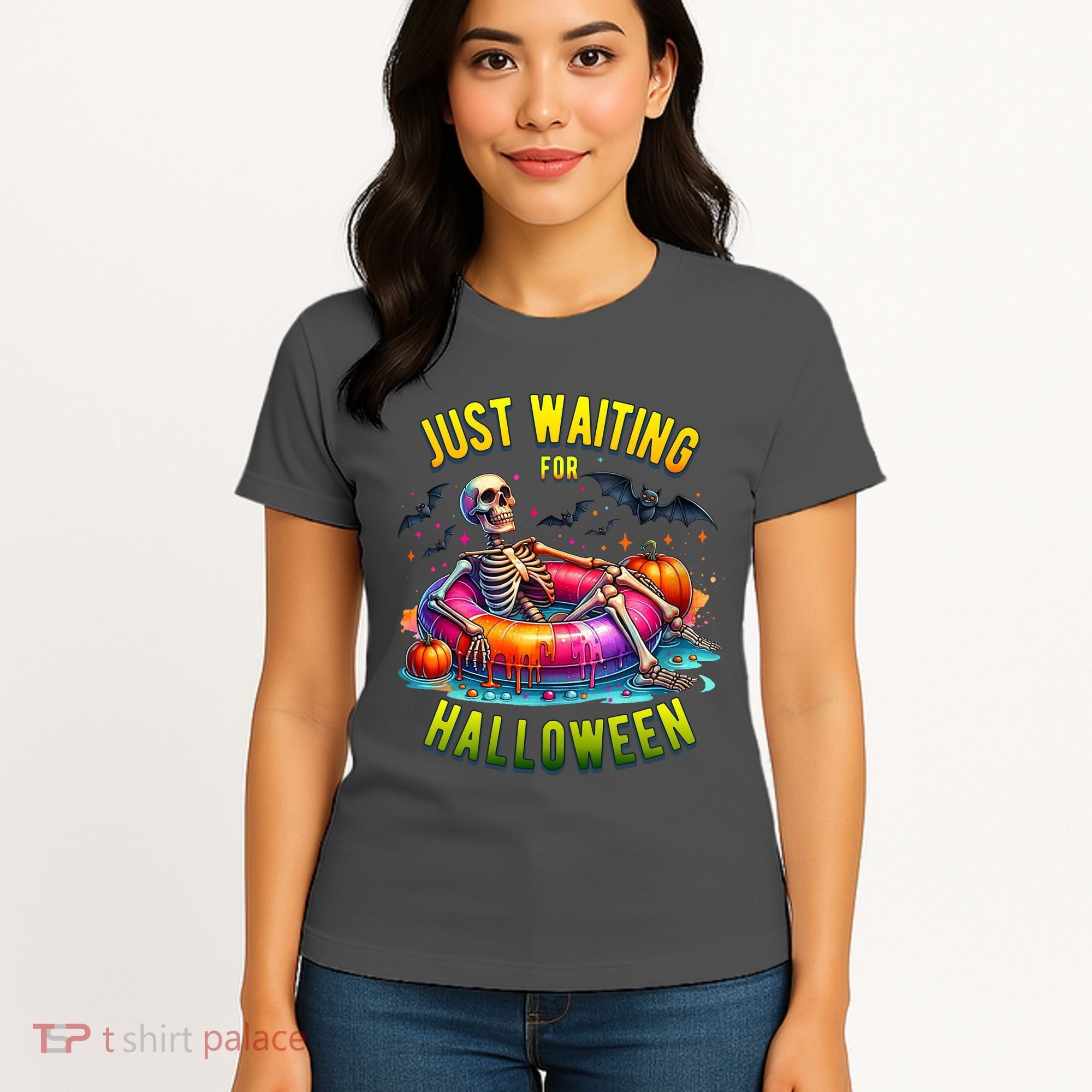 Just Waiting For Halloween Spooky Skeleton Summer Funny Women's T-Shirt