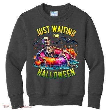 Just Waiting For Halloween Spooky Skeleton Summer Funny Kids Sweatshirt