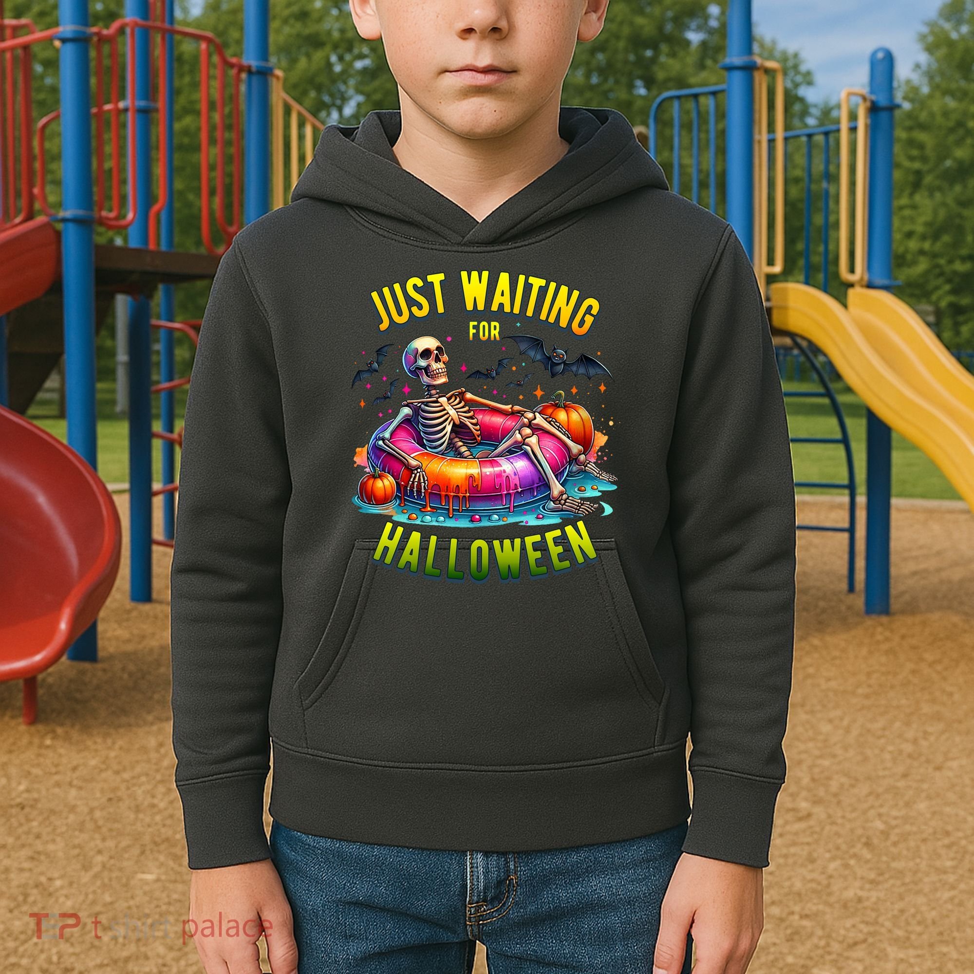 Just Waiting For Halloween Spooky Skeleton Summer Funny Kids Hoodie
