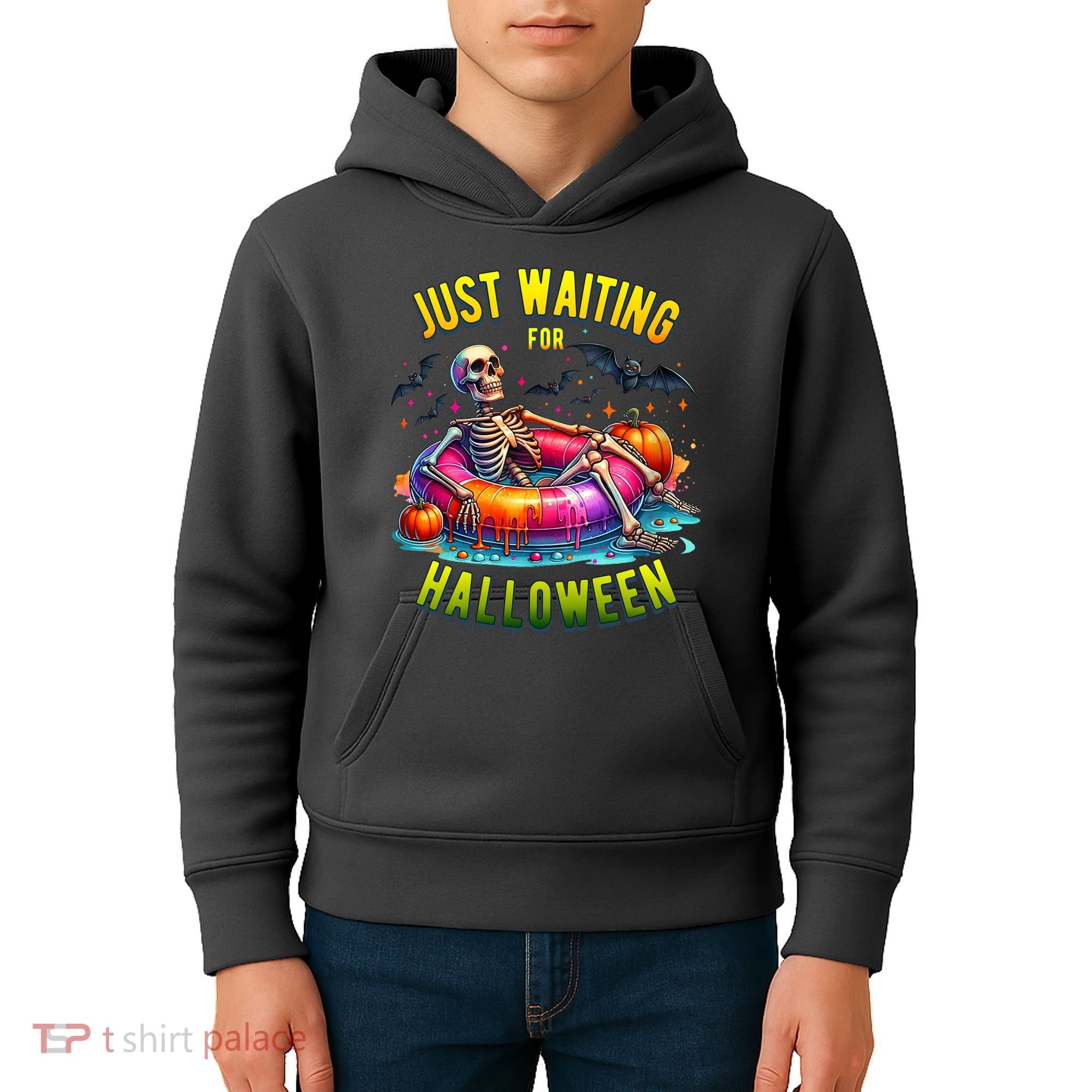 Just Waiting For Halloween Spooky Skeleton Summer Funny Kids Hoodie