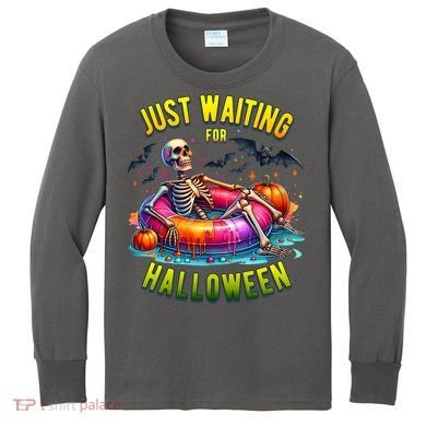 Just Waiting For Halloween Spooky Skeleton Summer Funny Kids Long Sleeve Shirt