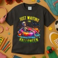 Just Waiting For Halloween Spooky Skeleton Summer Funny Kids T-Shirt thumb 3