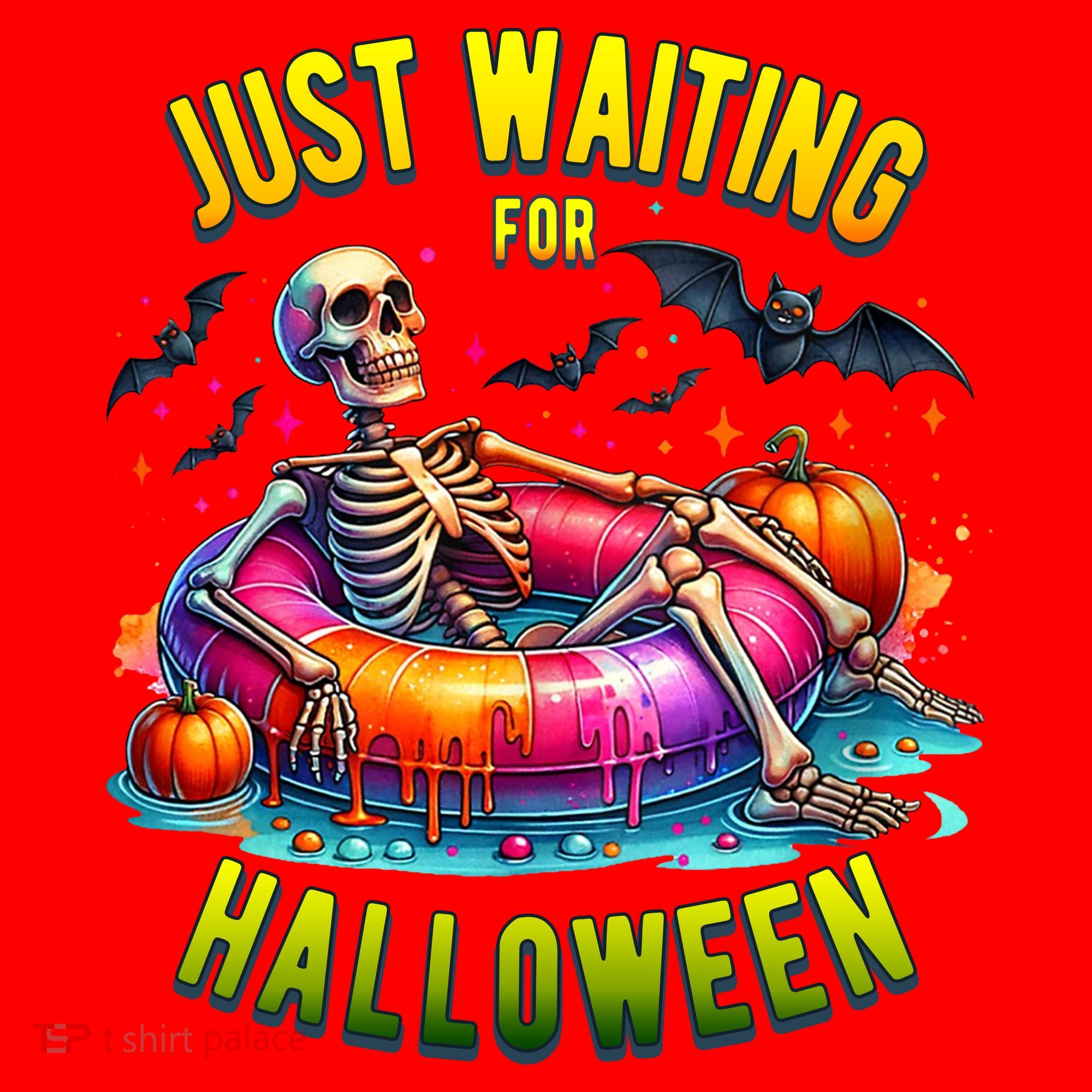 Just Waiting For Halloween Spooky Skeleton Summer Funny Santa Hat