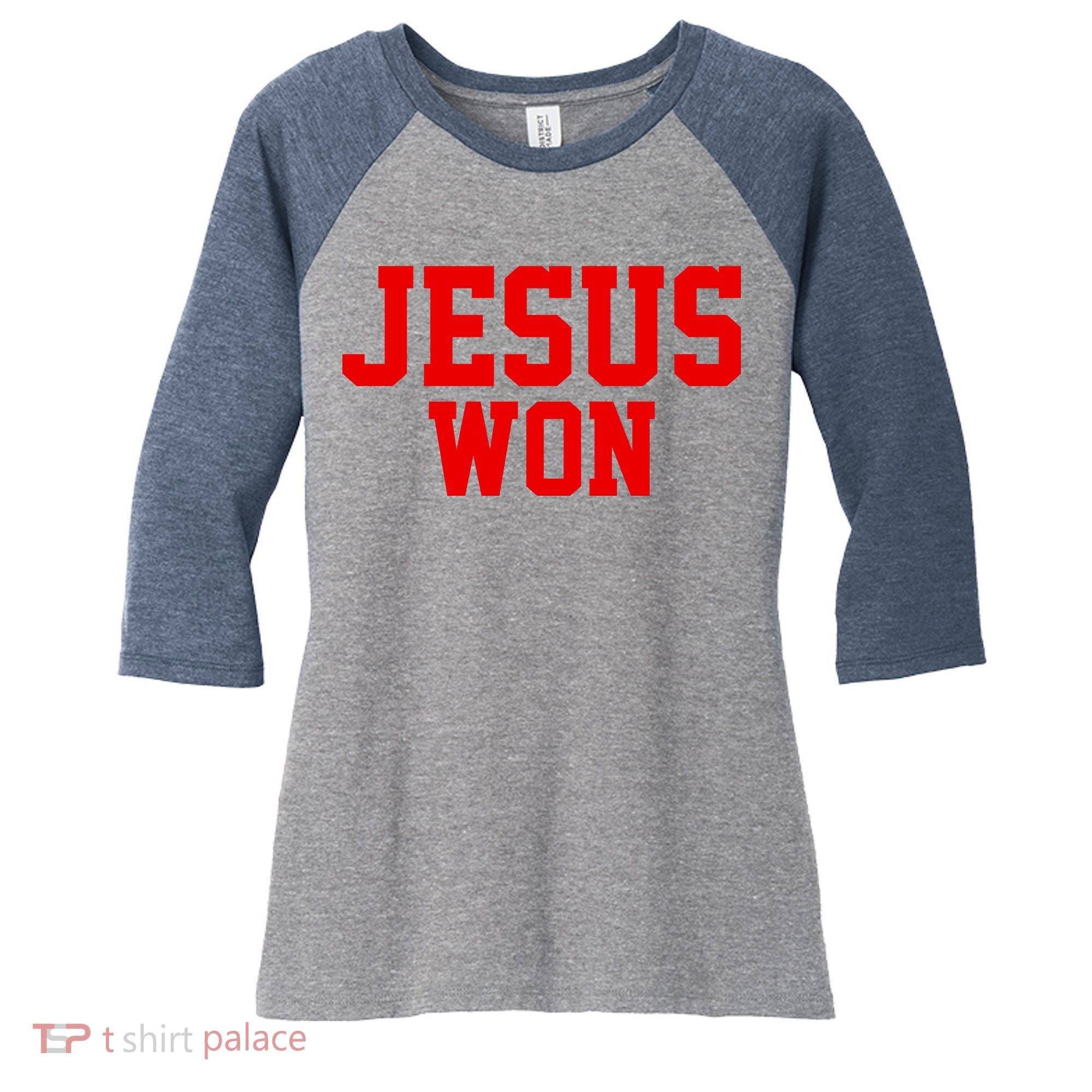 Jesus Won Front And Back Women's Tri-Blend 3/4-Sleeve Raglan Shirt