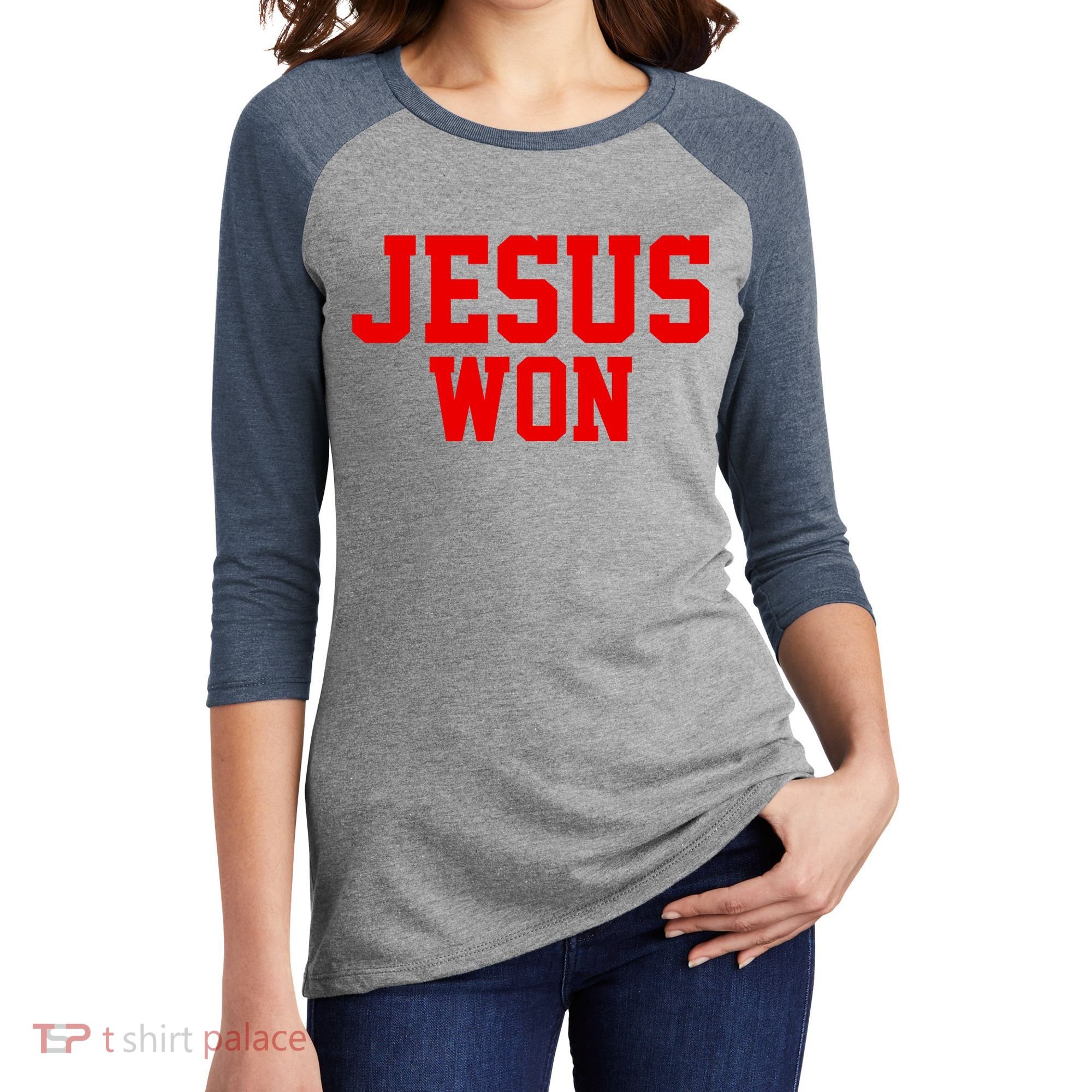 Jesus Won Front And Back Women's Tri-Blend 3/4-Sleeve Raglan Shirt