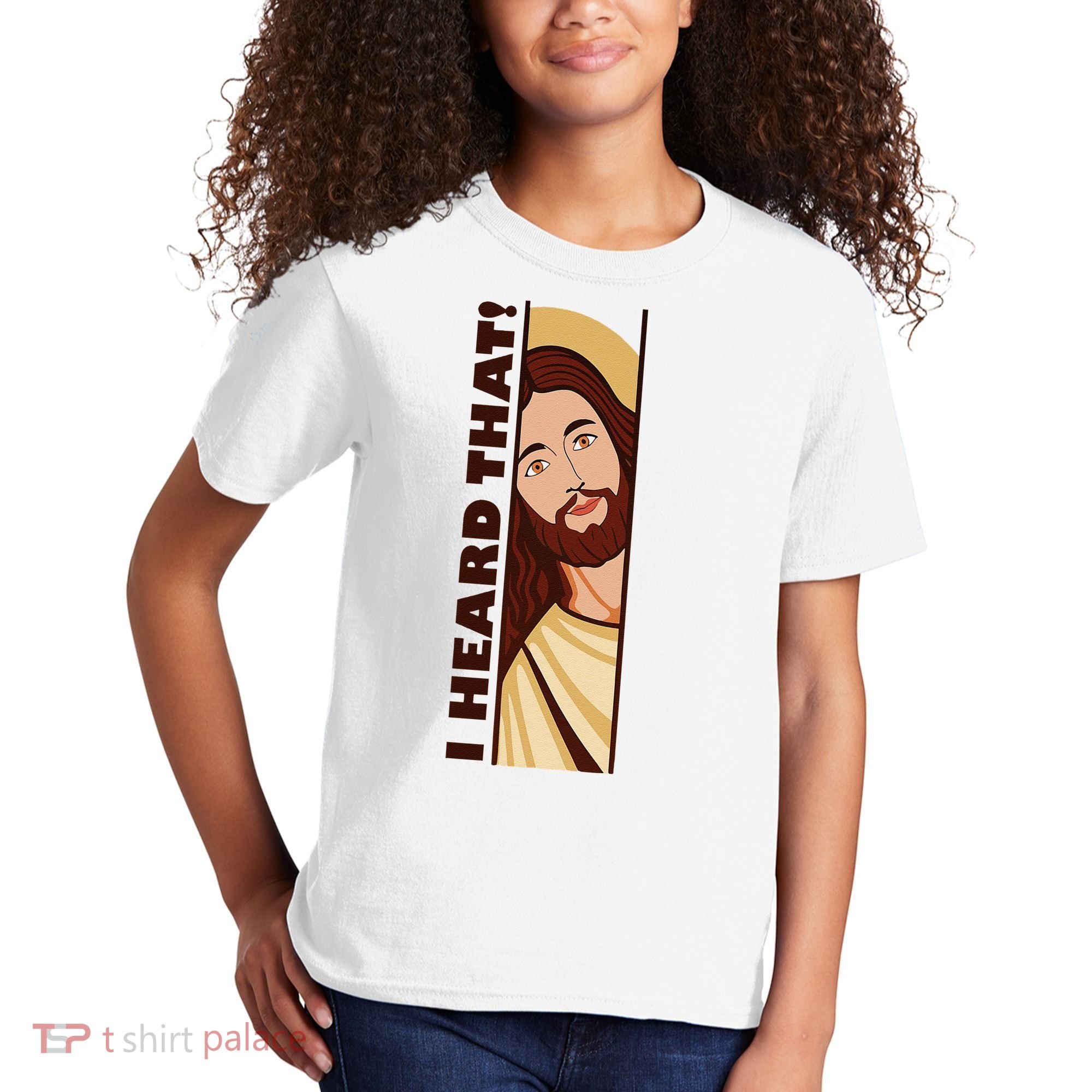 Jesus Watching Peeking I Heard That Funny Christian Meme Kids T-Shirt