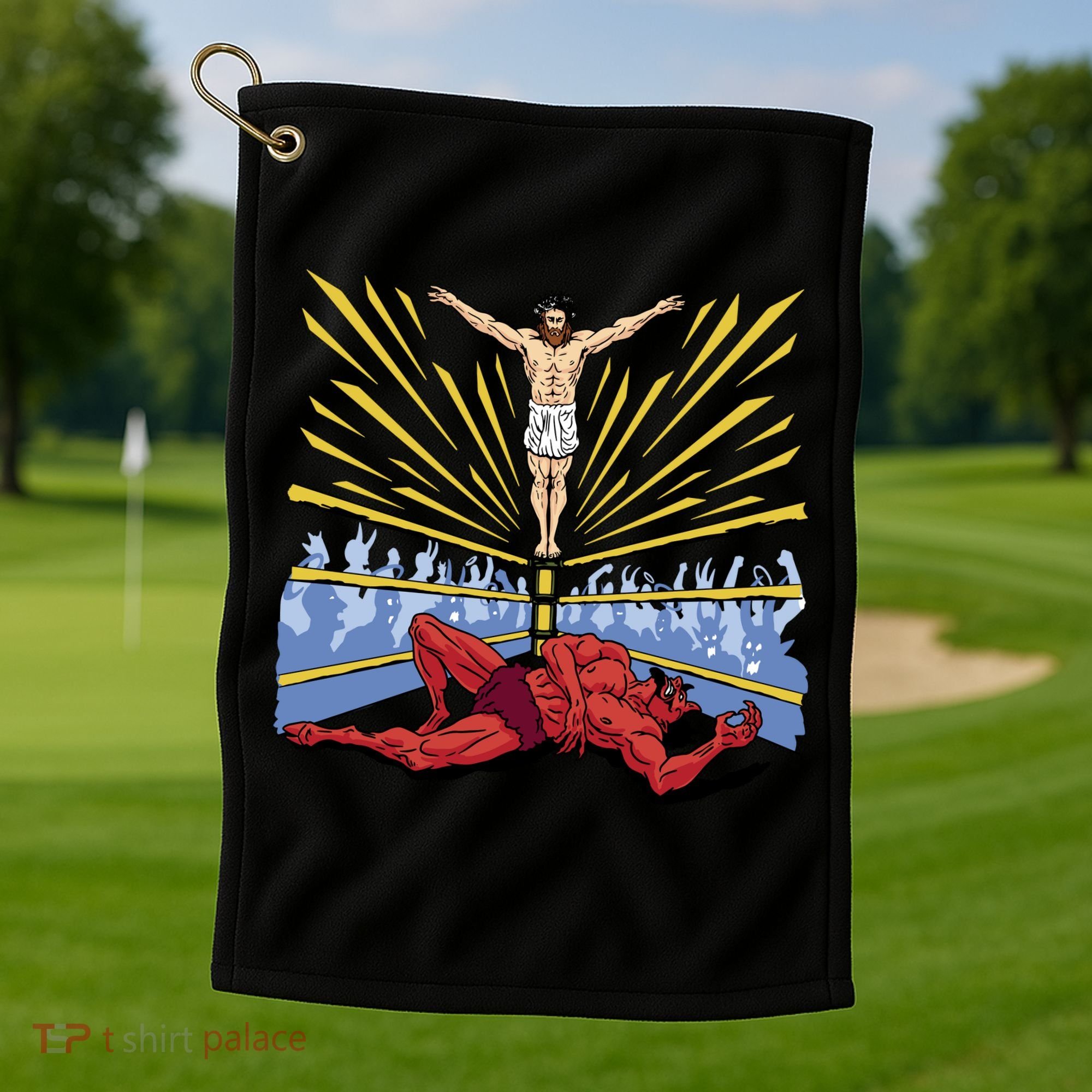 Jesus Wrestling Satan Golf Towel