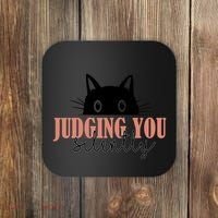Judging You Silently Funny Black Cat Coaster thumb 0