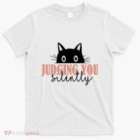 Judging You Silently Funny Black Cat T-Shirt thumb 0