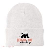 Judging You Silently Funny Black Cat Beanie thumb 0