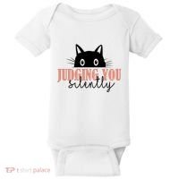 Judging You Silently Funny Black Cat Baby Bodysuit thumb 0