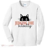 Judging You Silently Funny Black Cat Kids Long Sleeve Shirt thumb 0