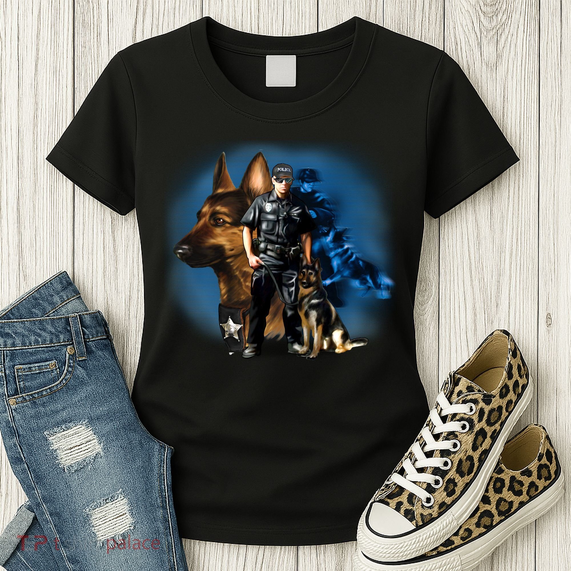 K-9 With Police Officer Silhouette  Women's T-Shirt