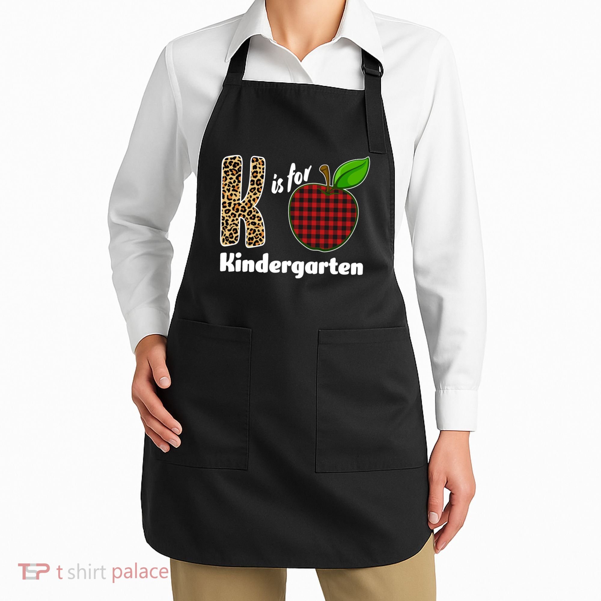 K Is For Kindergarten Teacher Leopard Buffalo Plaid Apron