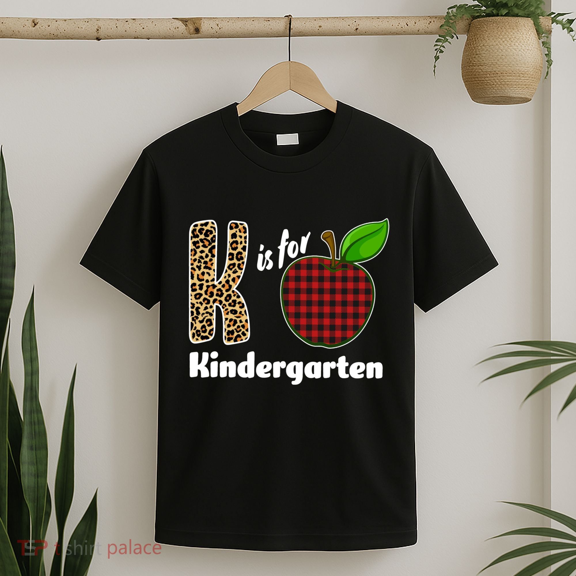 K Is For Kindergarten Teacher Leopard Buffalo Plaid T-Shirt