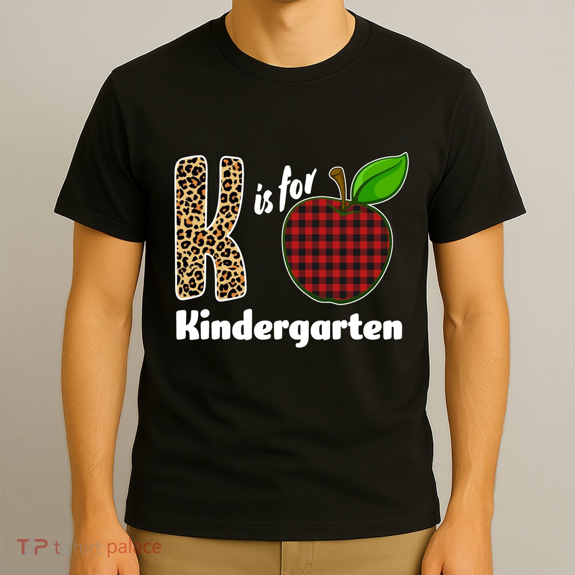 K Is For Kindergarten Teacher Leopard Buffalo Plaid T-Shirt