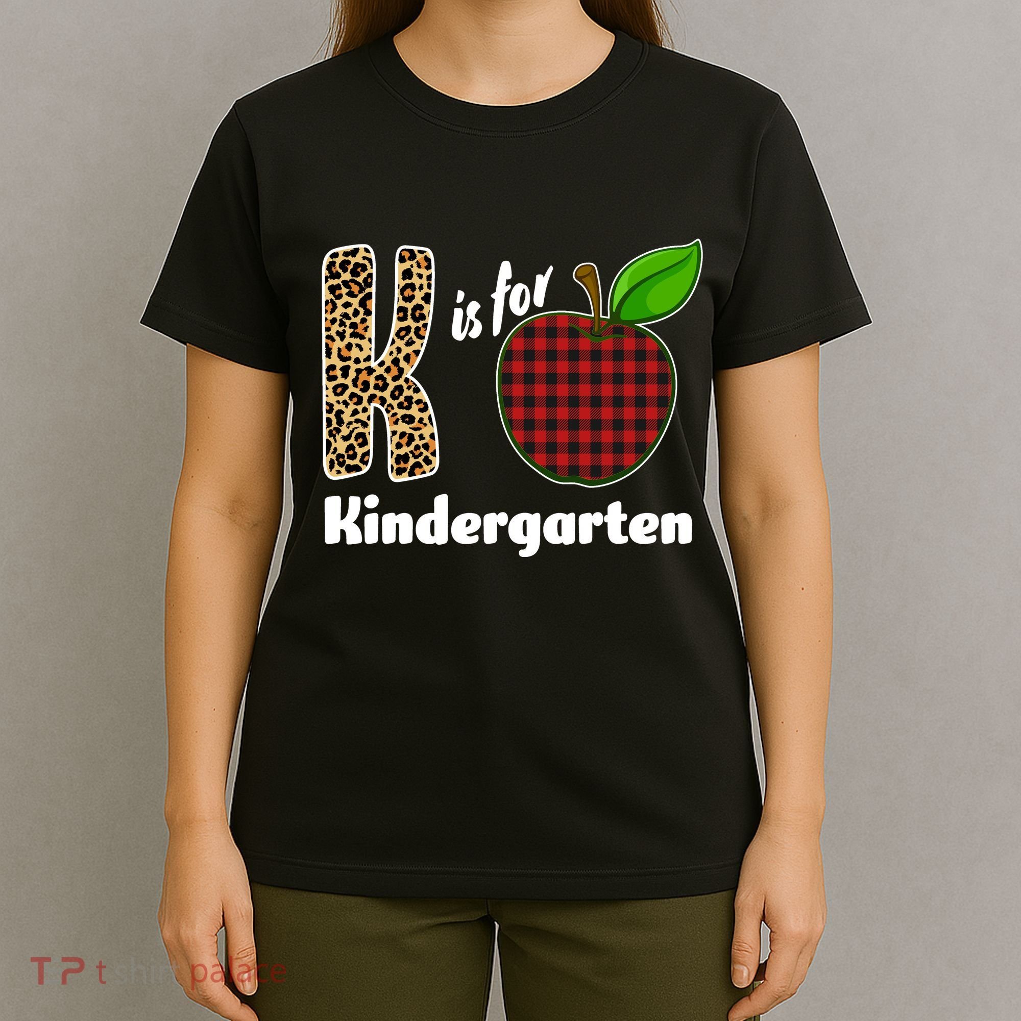 K Is For Kindergarten Teacher Leopard Buffalo Plaid T-Shirt