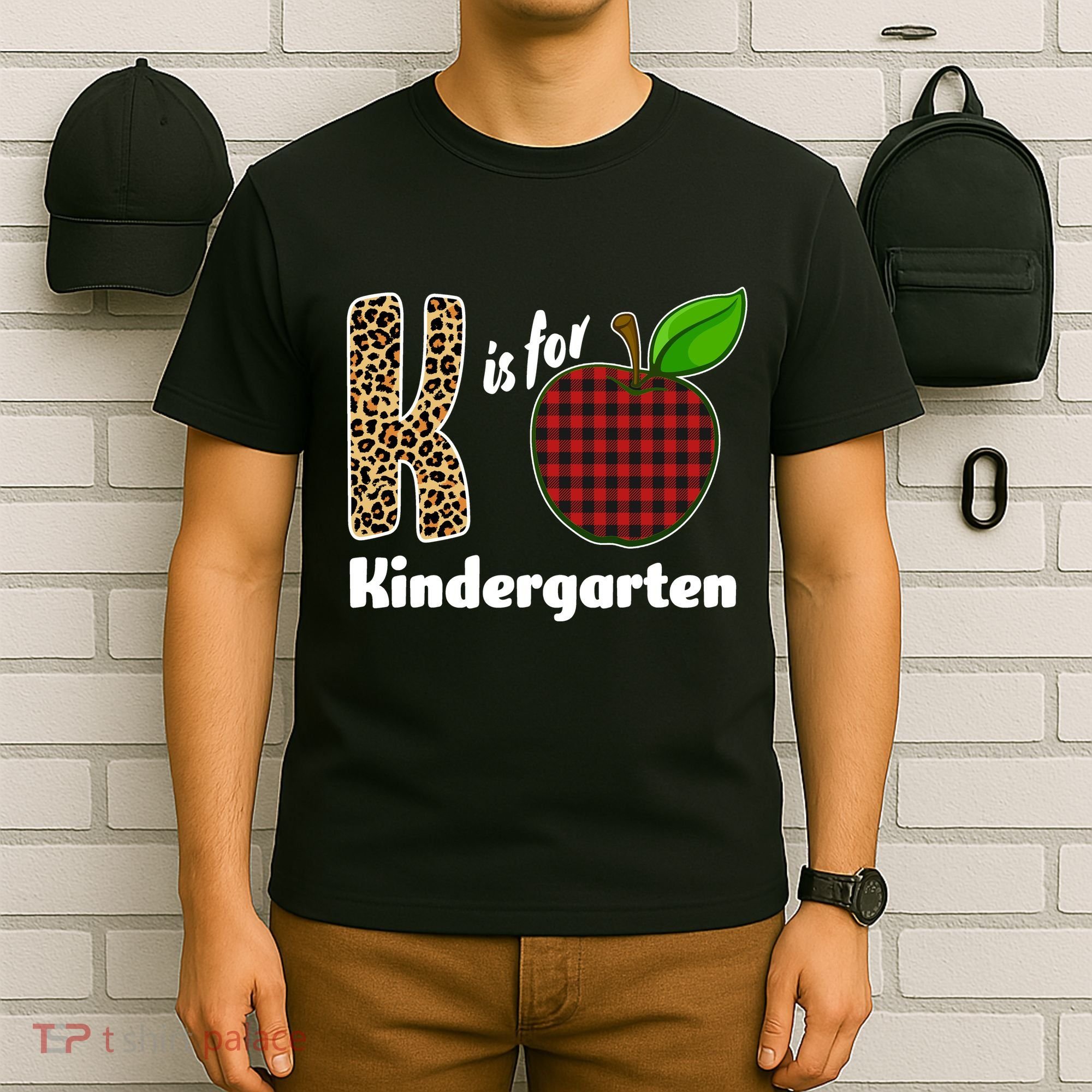 K Is For Kindergarten Teacher Leopard Buffalo Plaid T-Shirt