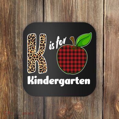 K Is For Kindergarten Teacher Leopard Buffalo Plaid Coaster
