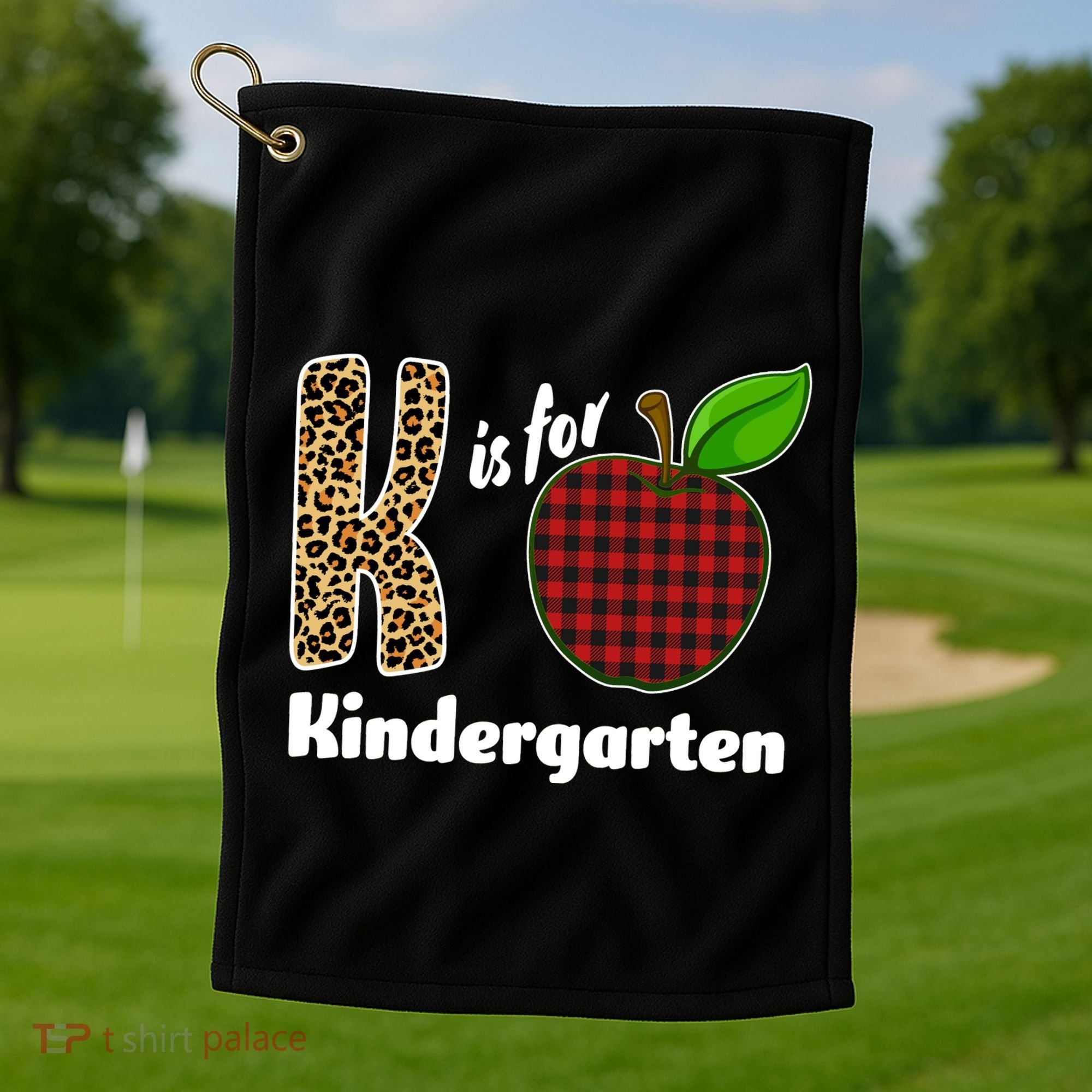 K Is For Kindergarten Teacher Leopard Buffalo Plaid Golf Towel