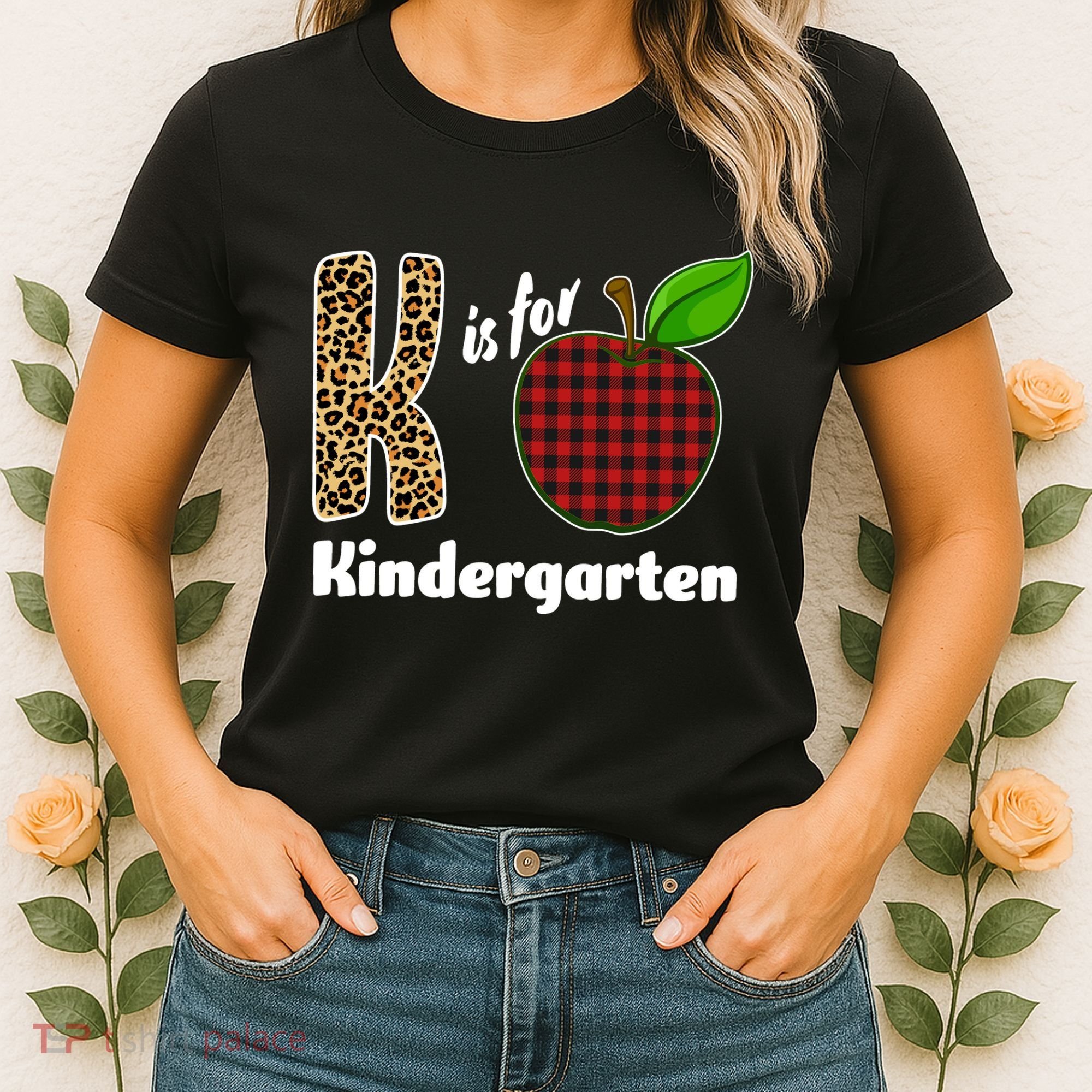 K Is For Kindergarten Teacher Leopard Buffalo Plaid Women's T-Shirt