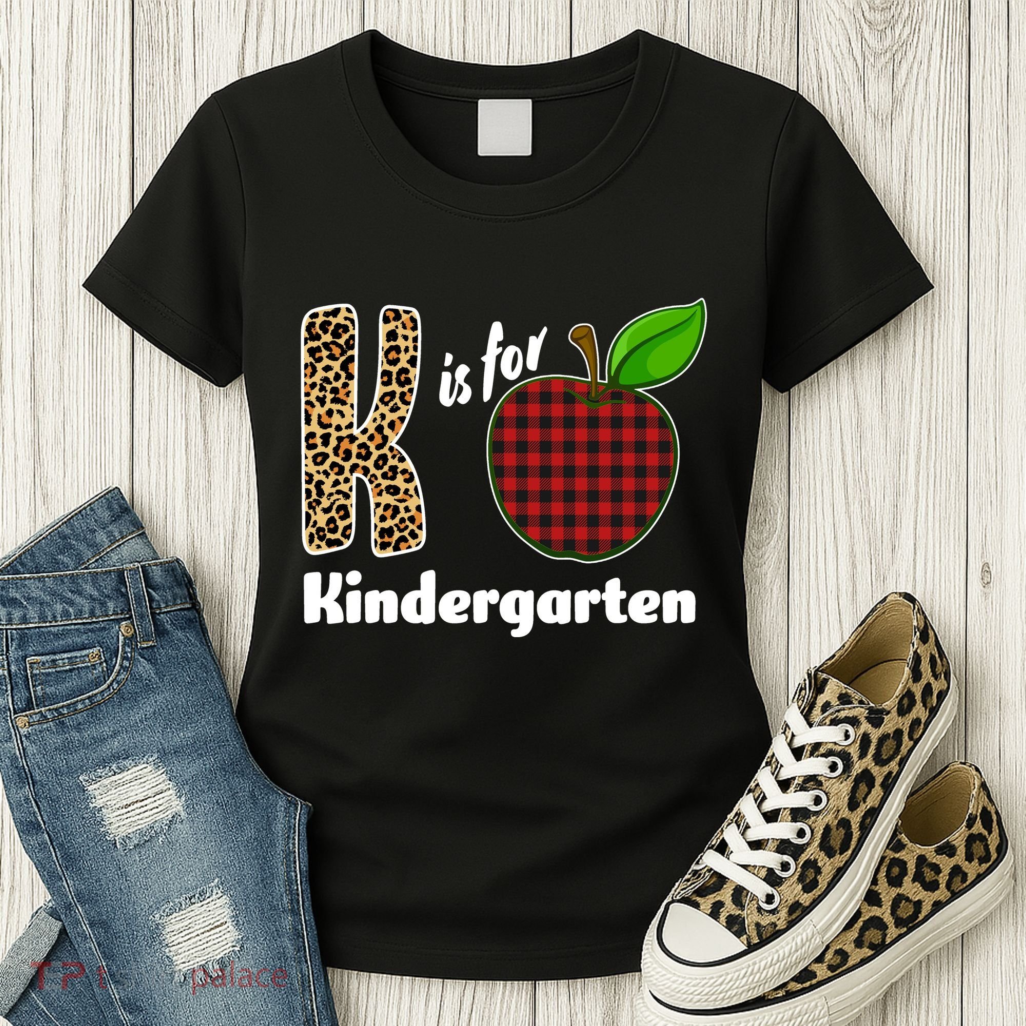 K Is For Kindergarten Teacher Leopard Buffalo Plaid Women's T-Shirt