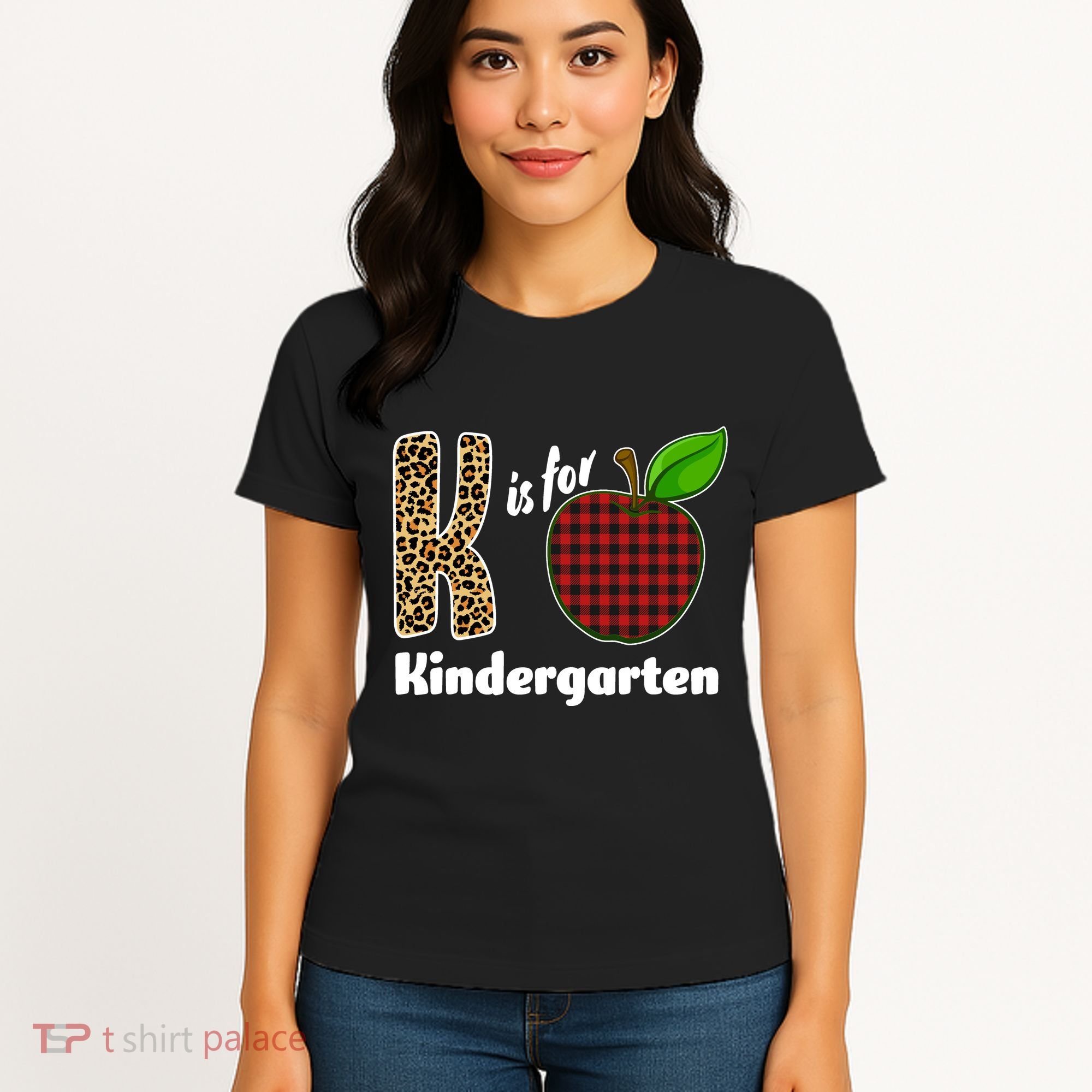 K Is For Kindergarten Teacher Leopard Buffalo Plaid Women's T-Shirt