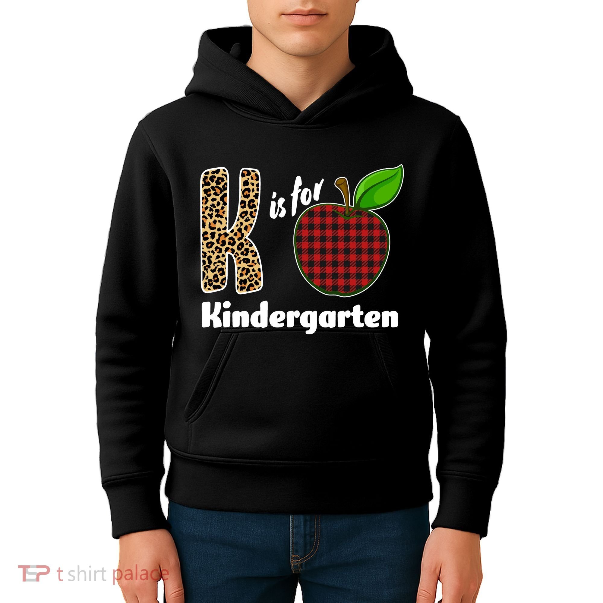 K Is For Kindergarten Teacher Leopard Buffalo Plaid Kids Hoodie