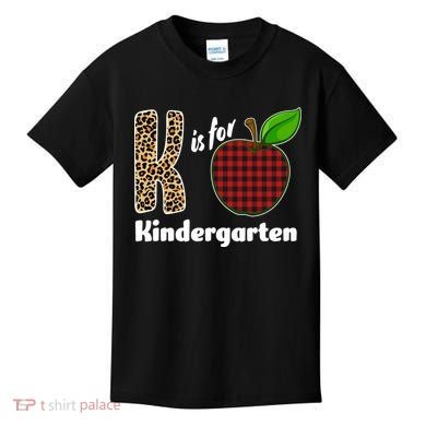 K Is For Kindergarten Teacher Leopard Buffalo Plaid Kids T-Shirt