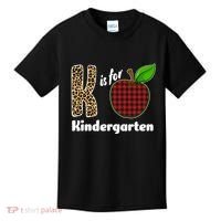 K Is For Kindergarten Teacher Leopard Buffalo Plaid Kids T-Shirt thumb 0