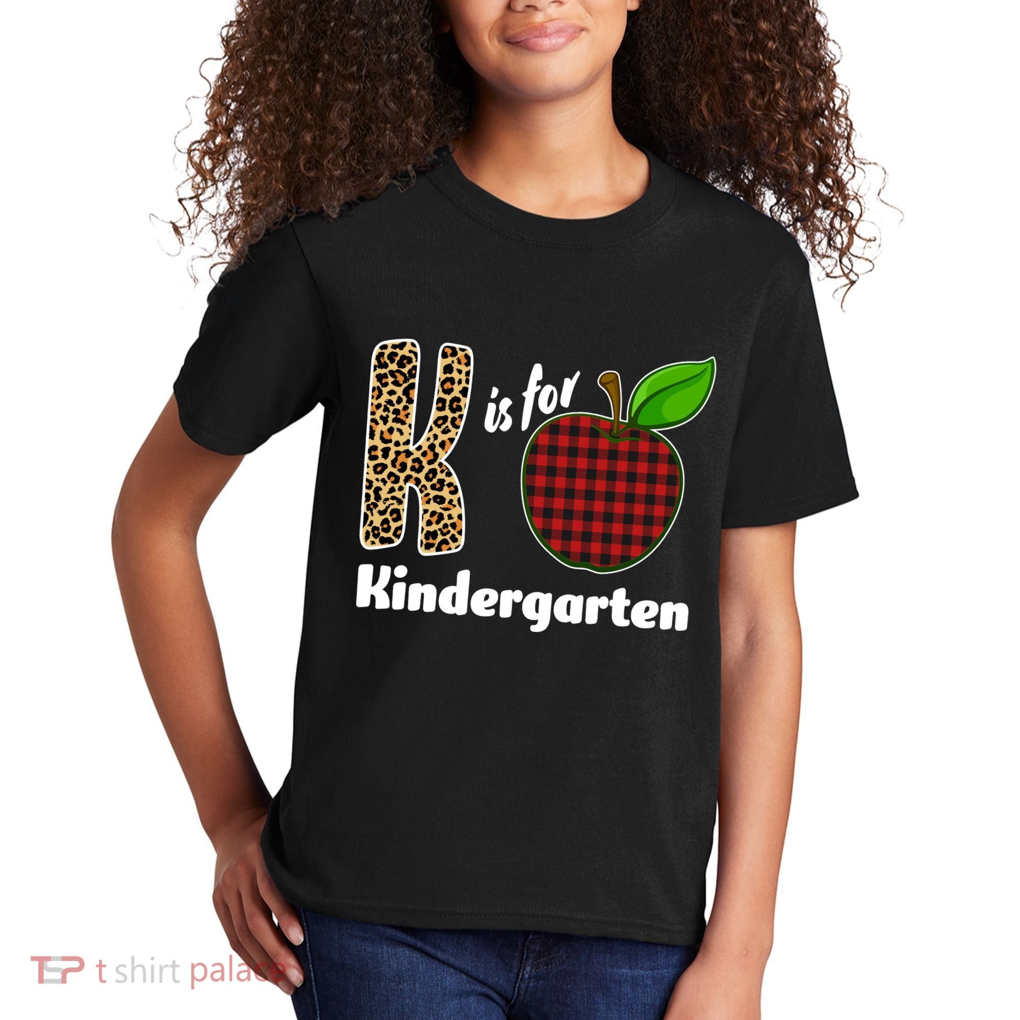K Is For Kindergarten Teacher Leopard Buffalo Plaid Kids T-Shirt