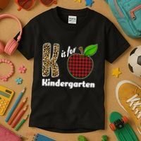 K Is For Kindergarten Teacher Leopard Buffalo Plaid Kids T-Shirt thumb 3