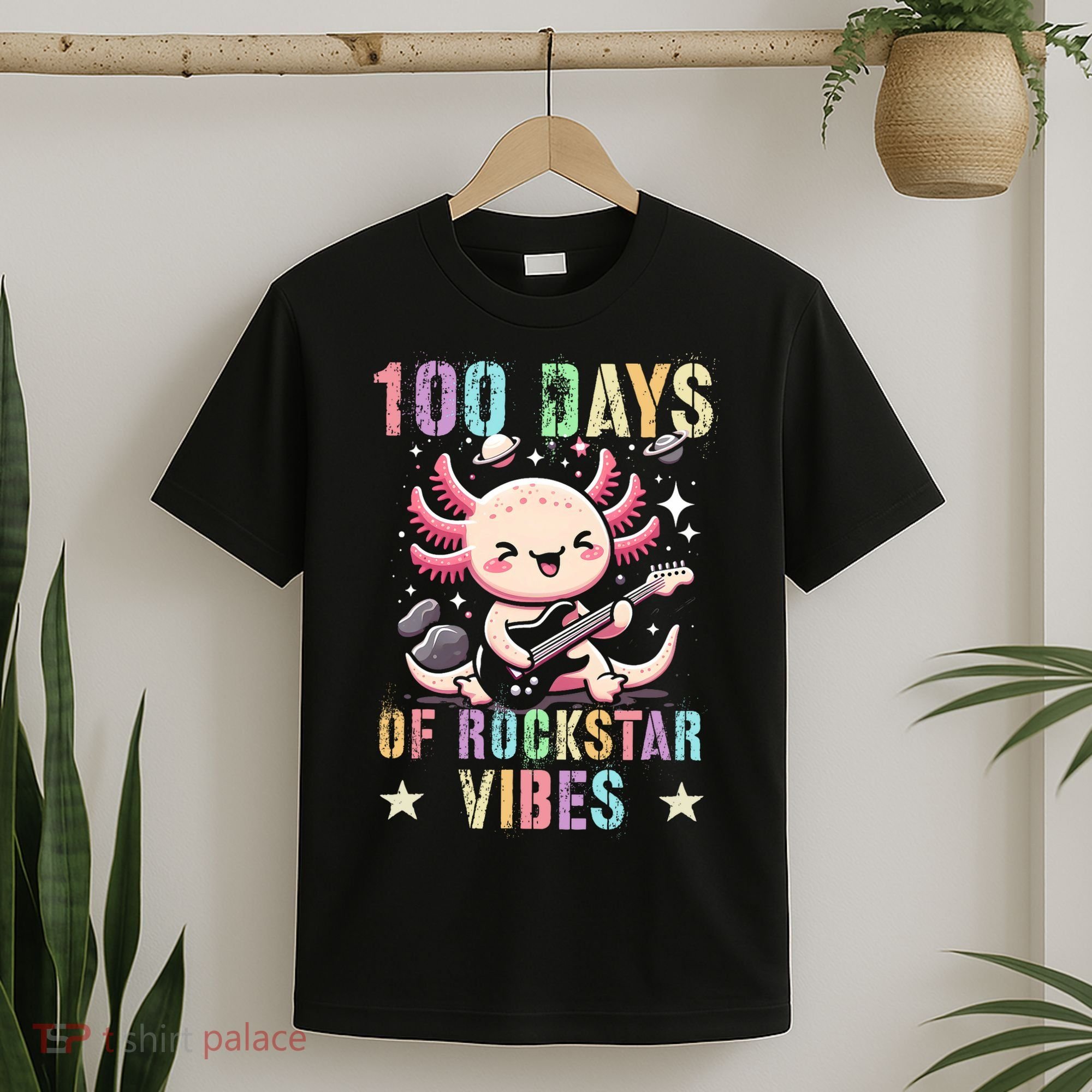 Kawaii 100 DAYS School ROCKSTAR VIBES Axolotl Music Guitar T-Shirt