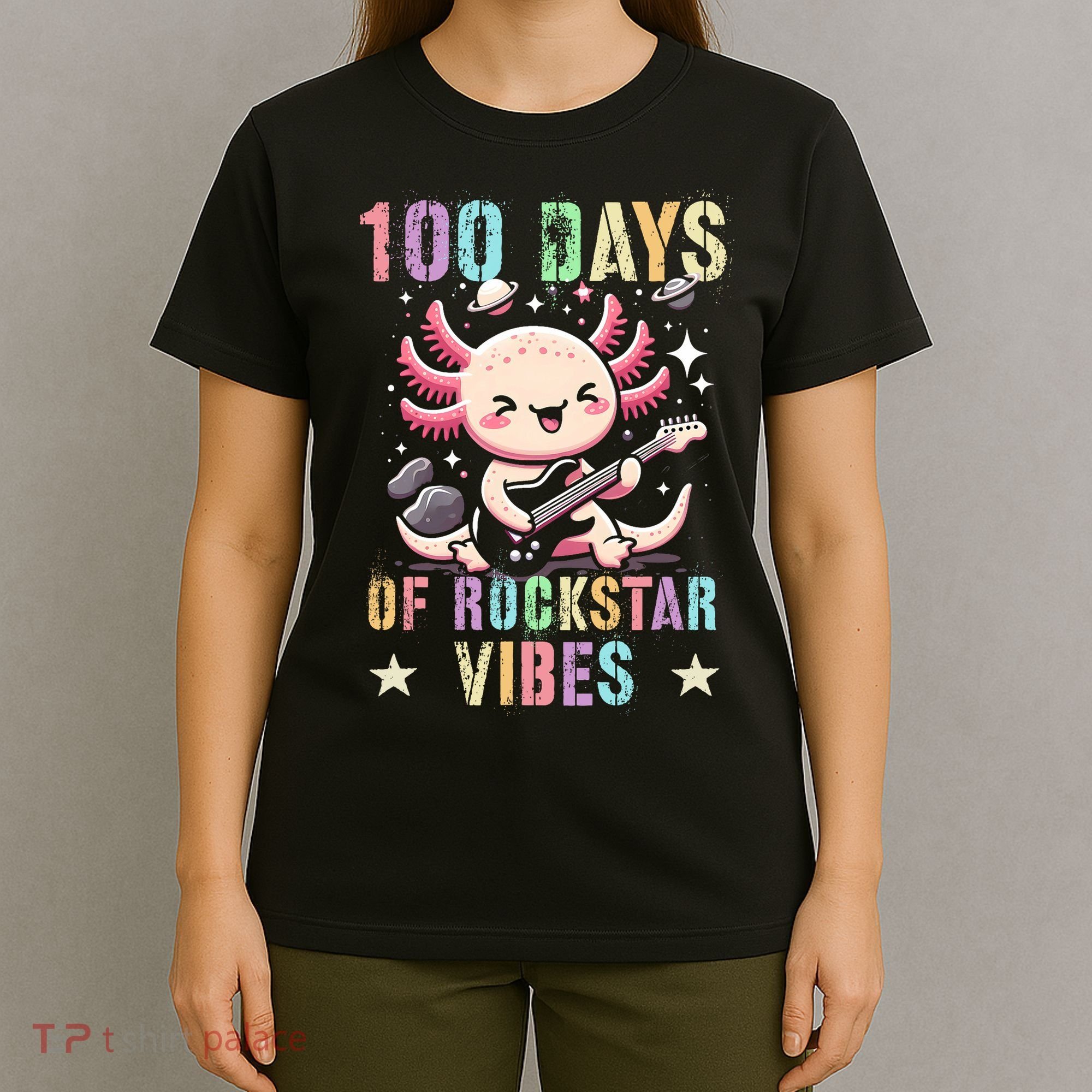 Kawaii 100 DAYS School ROCKSTAR VIBES Axolotl Music Guitar T-Shirt