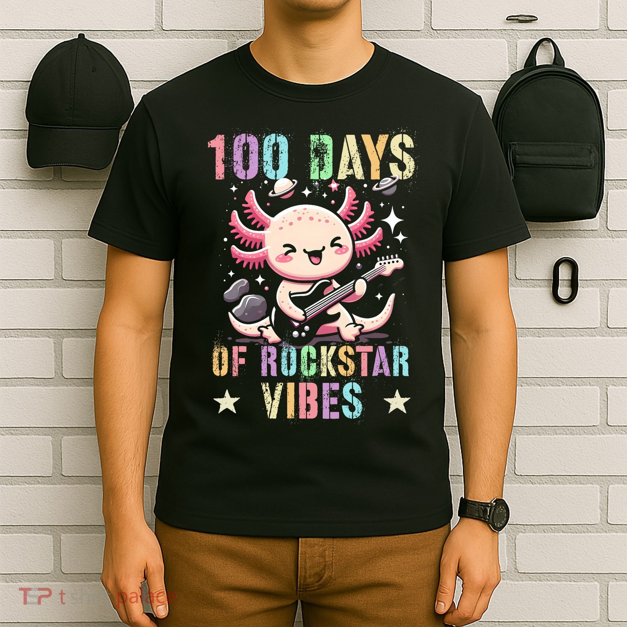 Kawaii 100 DAYS School ROCKSTAR VIBES Axolotl Music Guitar T-Shirt