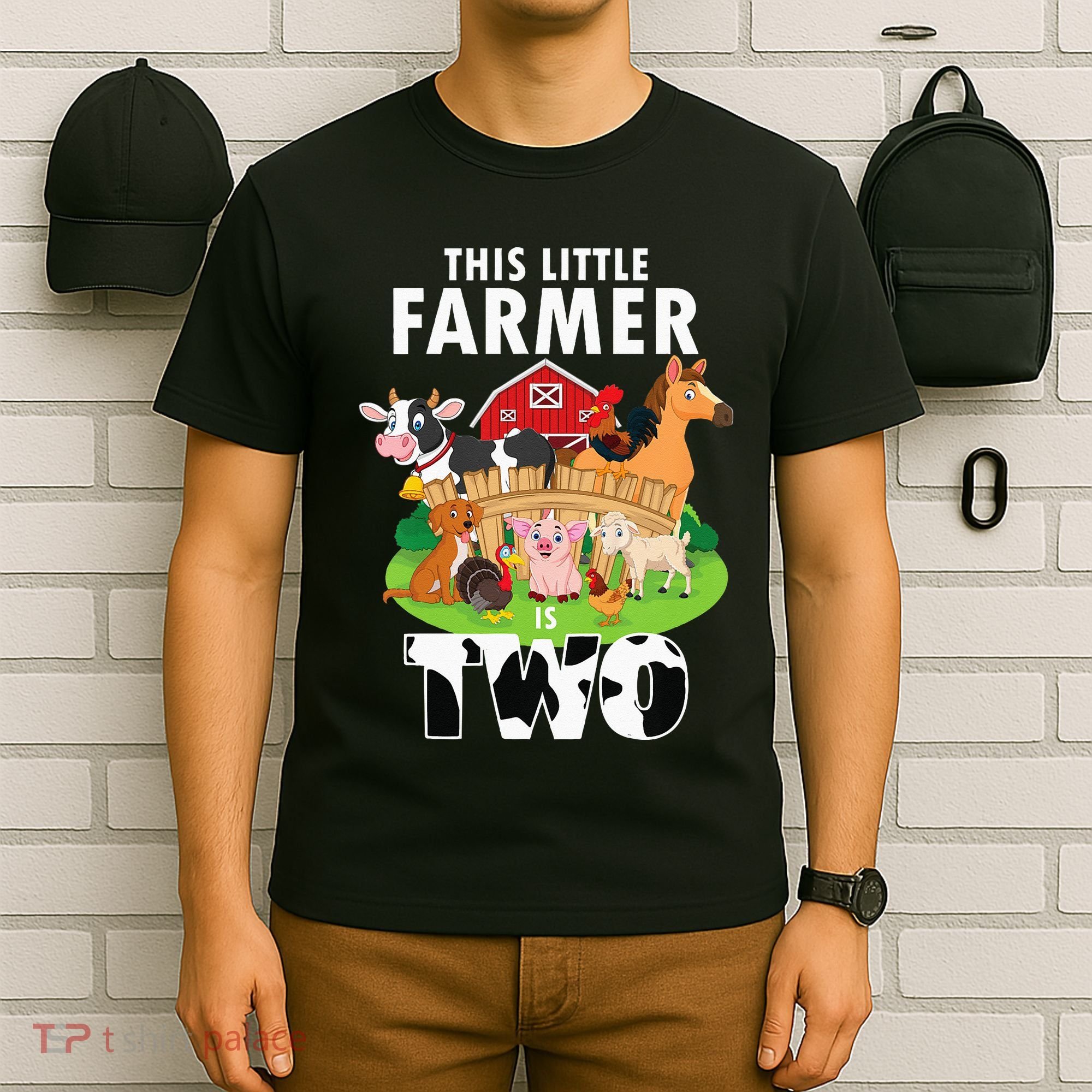 Kids 2 Years Old Boy Farmer 2nd Birthday Farm Animals Kids T-Shirt