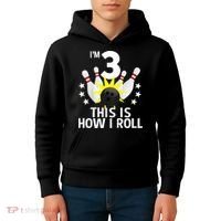 Kids 3 Year Old Bowling Birthday Party How I Roll 3rd Kids Hoodie thumb 4
