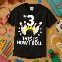Kids 3 Year Old Bowling Birthday Party How I Roll 3rd Kids T-Shirt thumb 3
