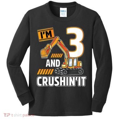 Kids 3 Year Old Vehicles Construction Excavator Birthday 3rd Kids Long Sleeve Shirt