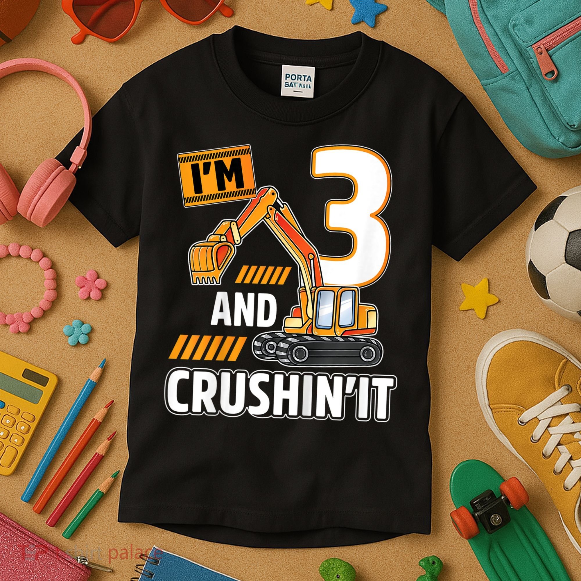 Kids 3 Year Old Vehicles Construction Excavator Birthday 3rd Kids T-Shirt