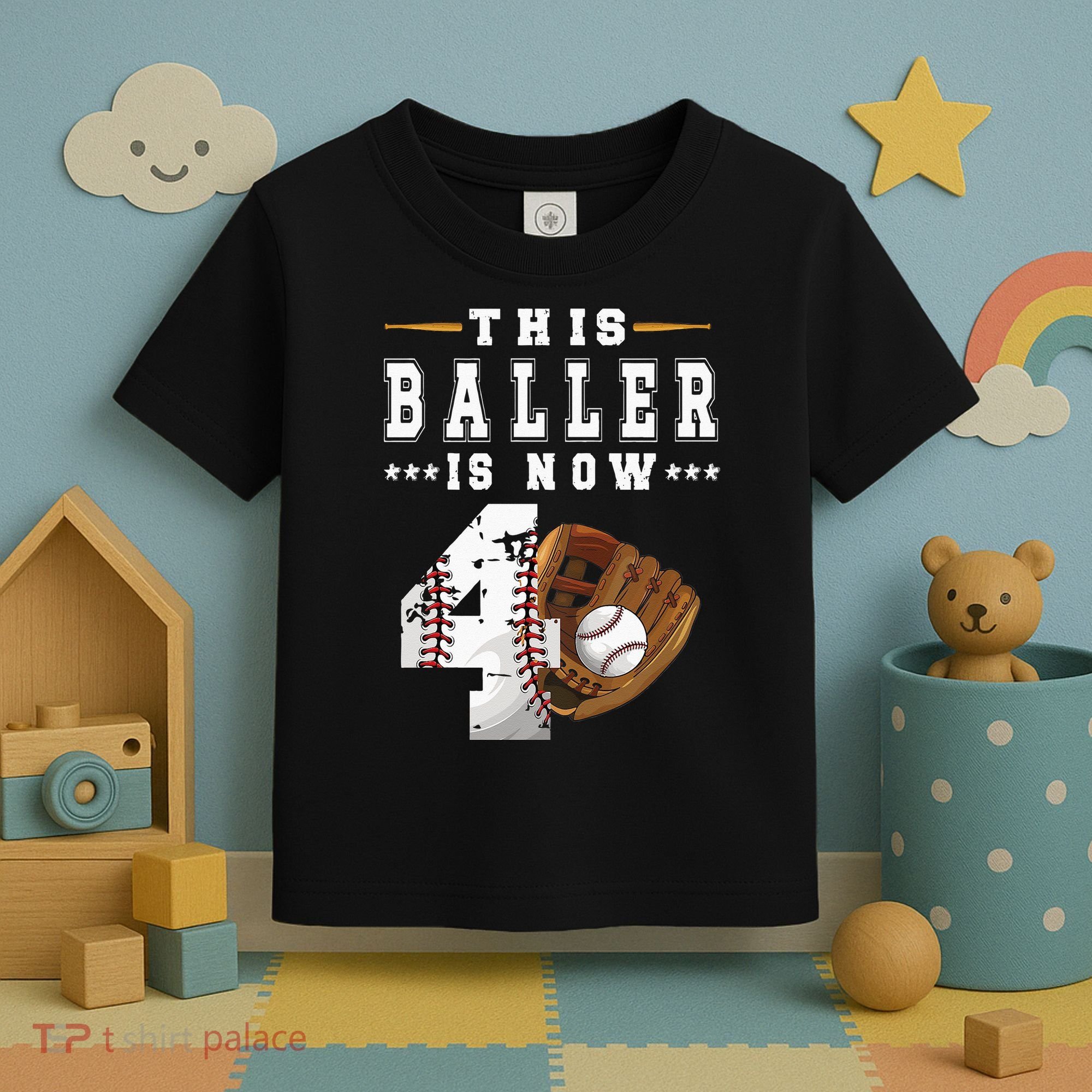 Kids 4th Birthday Baseball Boy Four Year Old Baseball Player Toddler T-Shirt