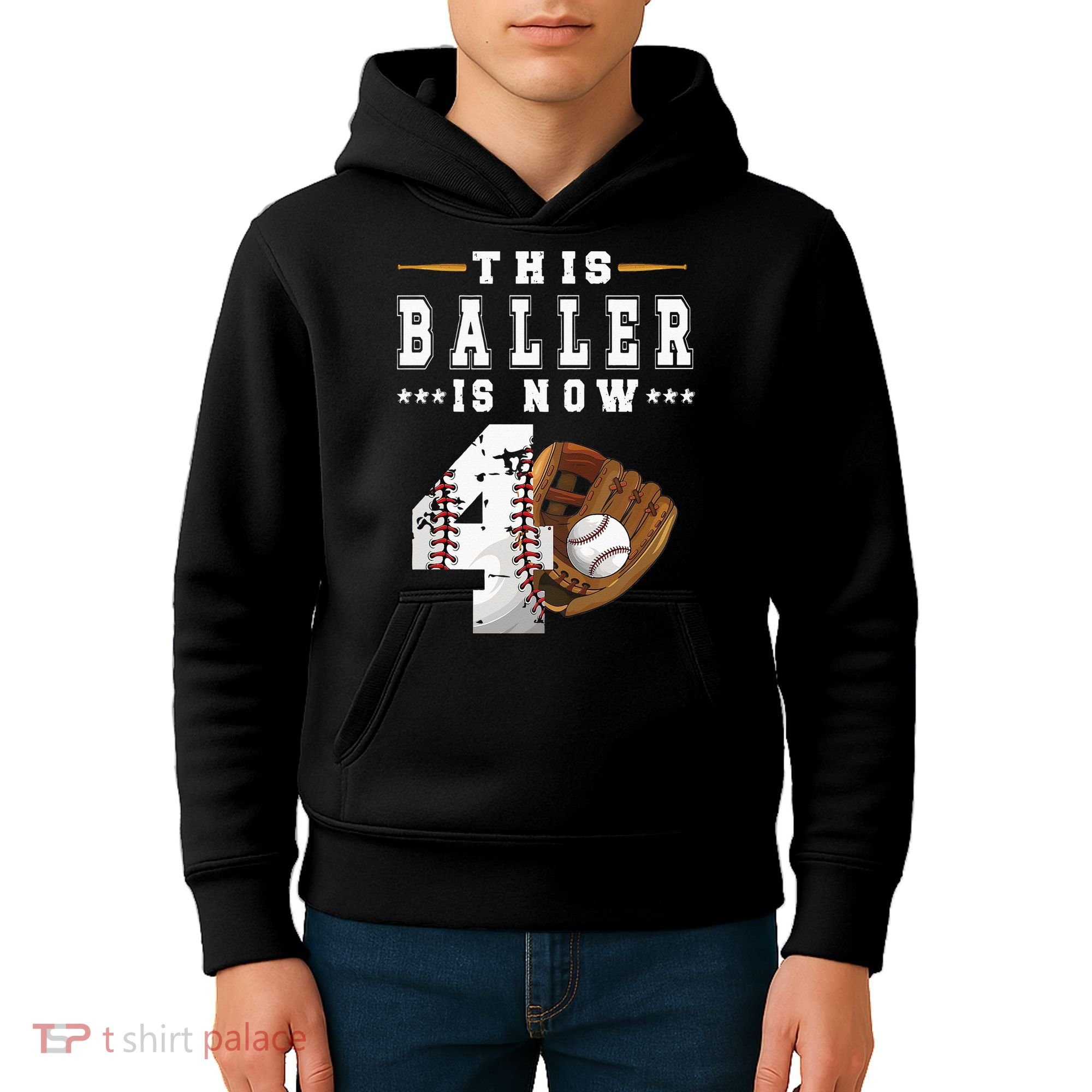 Kids 4th Birthday Baseball Boy Four Year Old Baseball Player Kids Hoodie